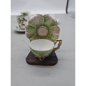 VINTAGE CUP & SAUCER ORNATE GREEN & GOLD  FOOTED FLORAL JAPAN